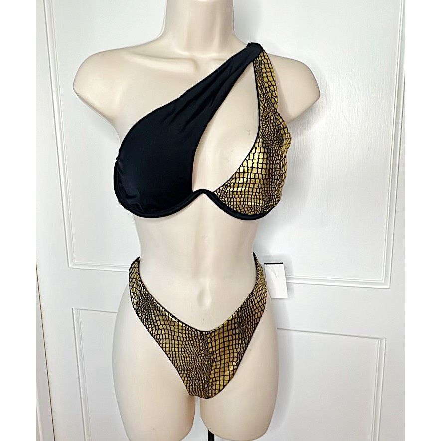 Zaful Metallic Gold Snakeskin Disco One Shoulder Bikini Size 8 Nwt